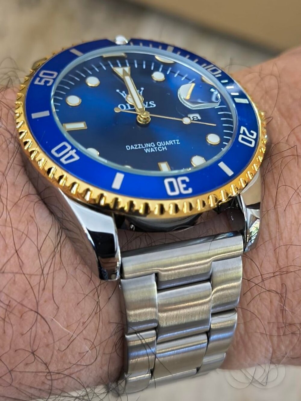 Men's Blue Premium Gold and Silver Stainless Analog Rotatable Round Steel Watch